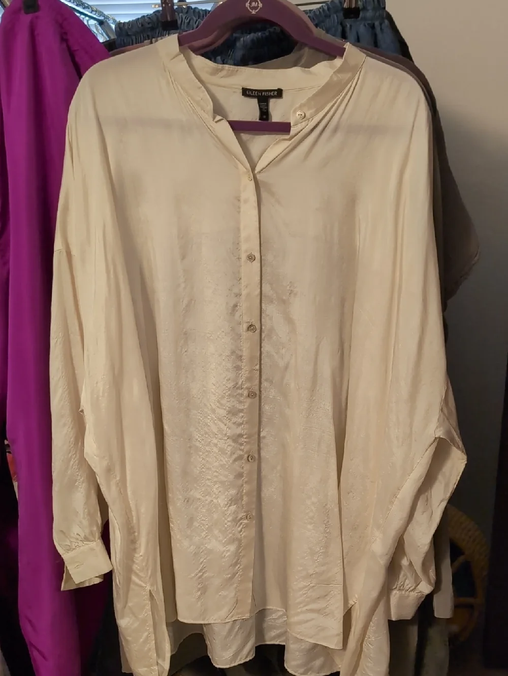 Eileen Fisher Light Cream Silk-Blend Button-Up Shirt - Picture 1 of 5